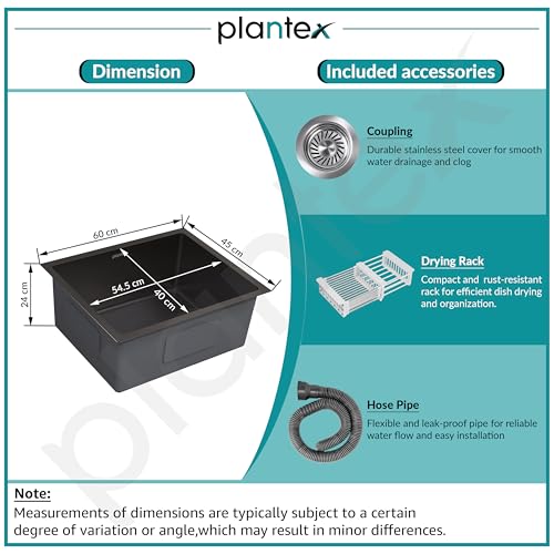 Image of Plantex Stainless Steel Handmade Kitchen Sink /Single Bowl Sink For Kitchen With Drain Rack and Coupling and Waste Pipe /Undermount /Topmount (Black- 24X18 Inches)