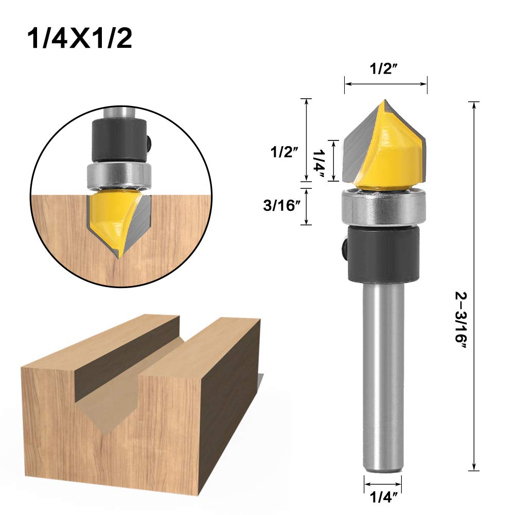 6PC 1/4" Shank Pattern Bit Flush Trim Bit Straight Bit with Bearing Hinge Mortising Router Bit Wood Trimmer Cutter