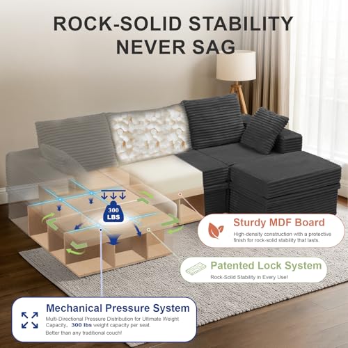 NABUMI 107" Modular Sectional Sofa with Storage, 5-Seater High Density Foam Boneless Couch with Ottoman, 27" Deep Corduroy Oversized Cloud Couch for Living Room, Tool-Free Assembly, Dark Gray