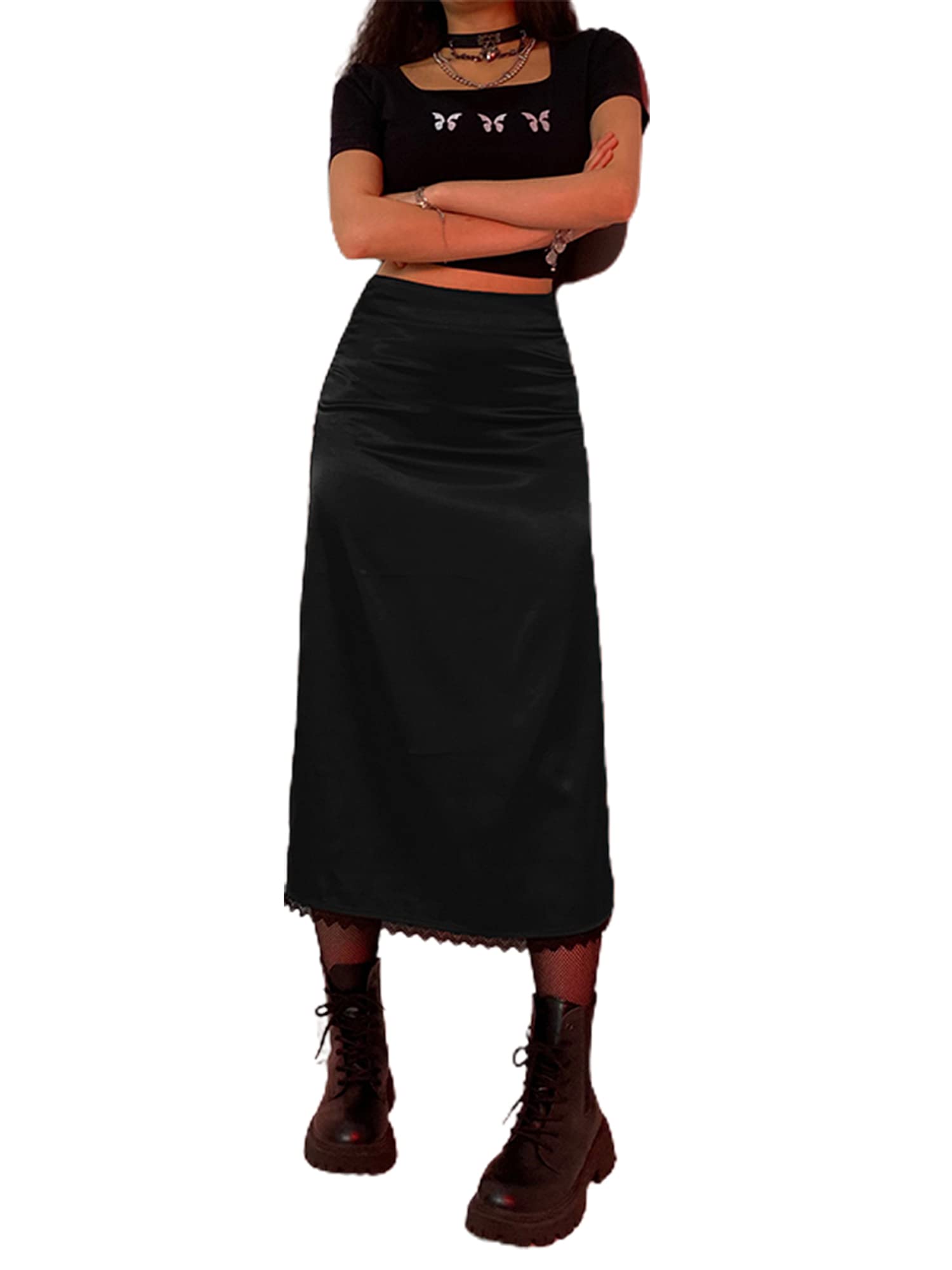 HuyghdfbWomen Printed Boho Midi Skirt High Waist Cute Y2K E-Girl Summer Goth Maxi Long Pencil Skirts