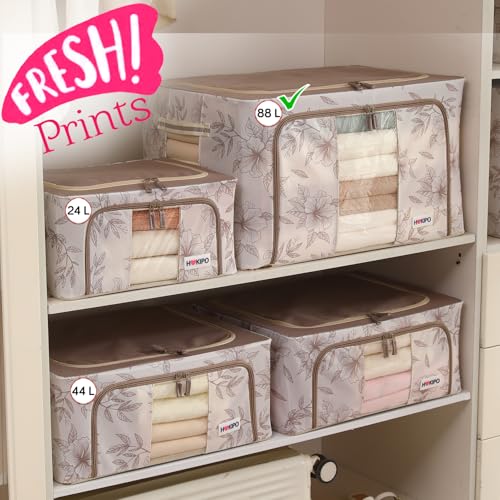 Image of HOKIPO 88L(XL) Folding Storage Box and Organiser for Clothes, 600D Oxford Fabric Storage Box, Latte Floral Pack of 2 (AR-6487-LBR*2)