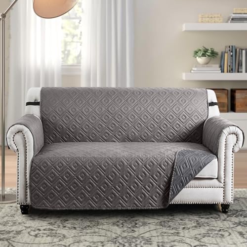 BedLooms Sofa Covers 2 Seater - Sofa Slipcovers for Living Room Water Resistant Sofa Protectors from Pets - Quilted Couch Covers Non Slip Sofa Cover with Elastic Straps (Light Grey/Dark Grey)