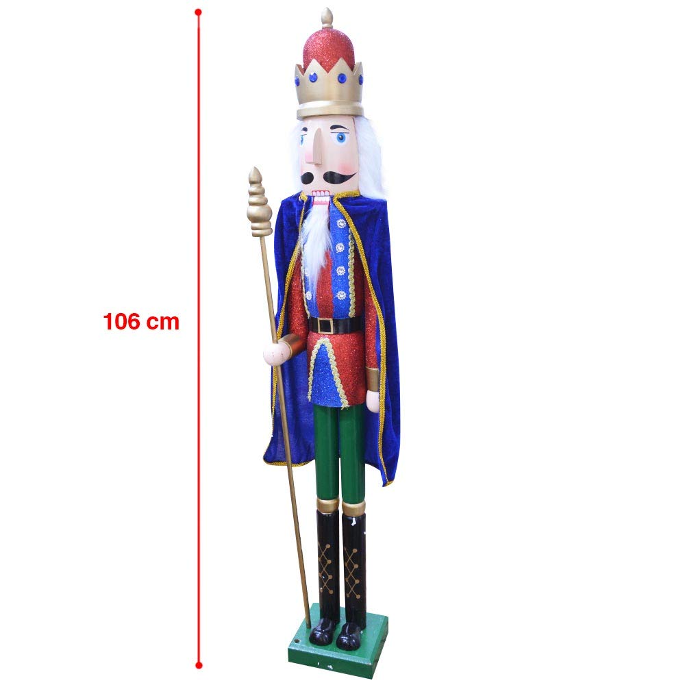 BAKAJI Riesiger hölzerner Nussknacker Soldat Weihnachten Höhe 06 cm Gemalte Kleider Bart und Haar Plüsch mit Arbeitsmechanismus Weihnachtsdekorationen (Design)