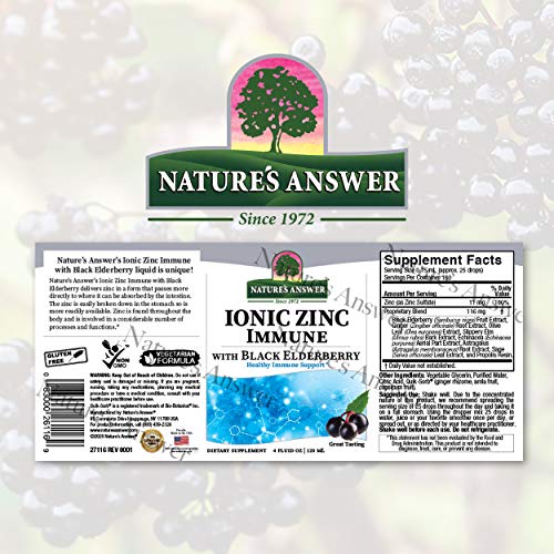 Nature's Answer Ionic Zinc Immune With Black Elderberry 4 Oz Extract With Slippery Elm, Echinacea, Astragalus, Sage 160 Servings Per Bottle #TOP1