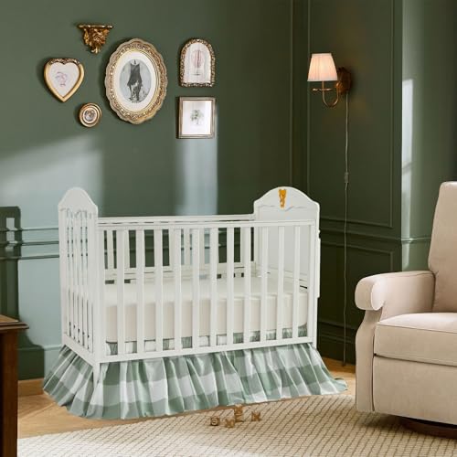 Image of Brandream Gingham Gathered Crib Skirt, Baby Boy, Baby Girl, Gender Neutral Crib Skirt, 100% Cotton, 4-Sided, Green Buffalo Plaid Toddler Bedskirt Farmhouse Chic Nursery Crib Bed Skirt Dust Ruffle