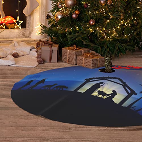 Holy Blue Star Christmas Nativity Scene Christmas Tree Skirt 36 In For Xmas Halloween Holiday New Year Party Circle Tree Mat Decor Ornaments Decoration #TOP5