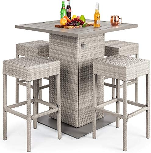 Best Choice Products 5-Piece Outdoor Wicker Bar Table Set for Patio, Poolside, Backyard w/Built-in Bottle Opener, Hidden Storage Shelf, Metal Tabletop, 4 Stools - Gray