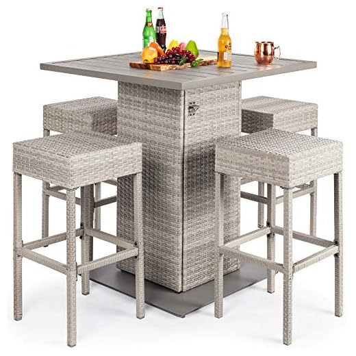 Best Choice Products 5-Piece Outdoor Wicker Bar Table Set for Patio, Poolside, Backyard w/Built-in Bottle Opener, Hidden Storage Shelf, Metal Tabletop, 4 Stools - Gray