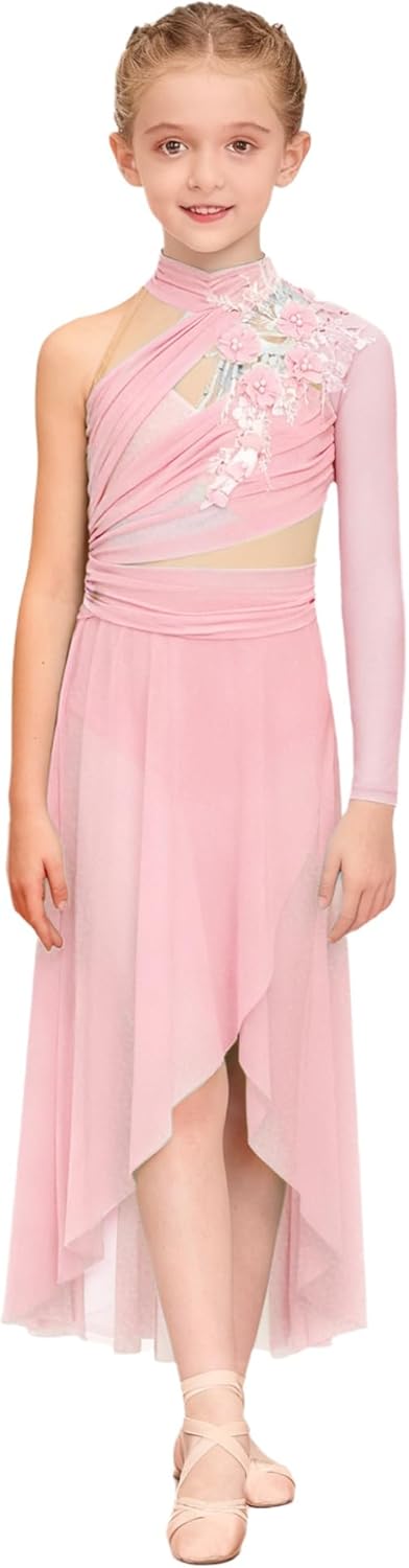 ranrann Kids Girls Lyrical Contemporary Dance Dress Mock Neck Ballet Dance Leotard High Low Split Long Dress