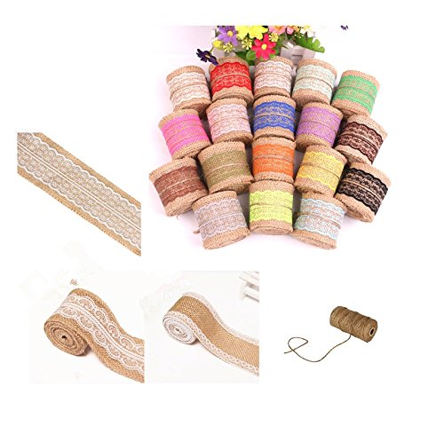 CTY Craft 21pcs 2 Yard Per Roll Multicolor Natural Hessian Burlap with Lace Ribbon 2 Inch Wide