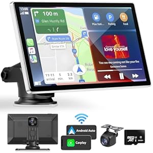 Portable Apple Carplay Screen for Car, 9″ Wireless Apple Carplay & Android Auto,4K Dash Cam,1080p Backup Camera DVR,Car Audio Receivers GPS Navigation Mirror Link, Bluetooth,FM, Siri