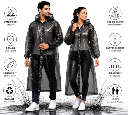 Image of Full Length Waterproof Raincoat for Men & Women | Hooded Transparent Rain Wear with Sleeves | Reusable Long Rain Jacket for Bike Riding, Travel, Camping & Monsoon Protection