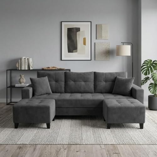 Image of SLEEPIFY Harlon Velvet-Suede Fabric 3 Seater Sofa Set with 2 Ottoman (Dark Gray) | Comfortable & Spacious Seating | Modern Sofa Set for Living Room | Soft Touch Upholstery