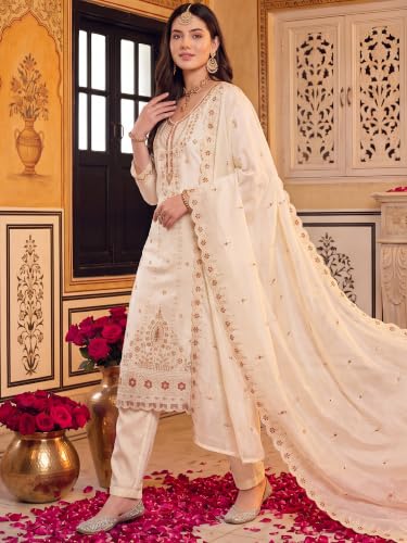 Image of INDO ERA Women's Silk Blend Embroidered Stone Work Straight Kurta & Pant with Dupatta Set | Kurta Sets For Woman