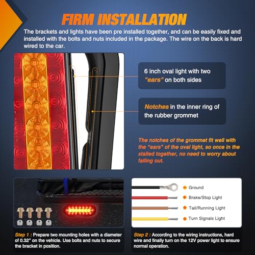 Image of Nilight 6 Inch Oval Trailer Tail Light 2 PCS Red Brake Stop Amber Left Right Turn Signals Lights with Flush Mount Grommets Plugs Mounting Brackets for RV Truck Luggage Rack