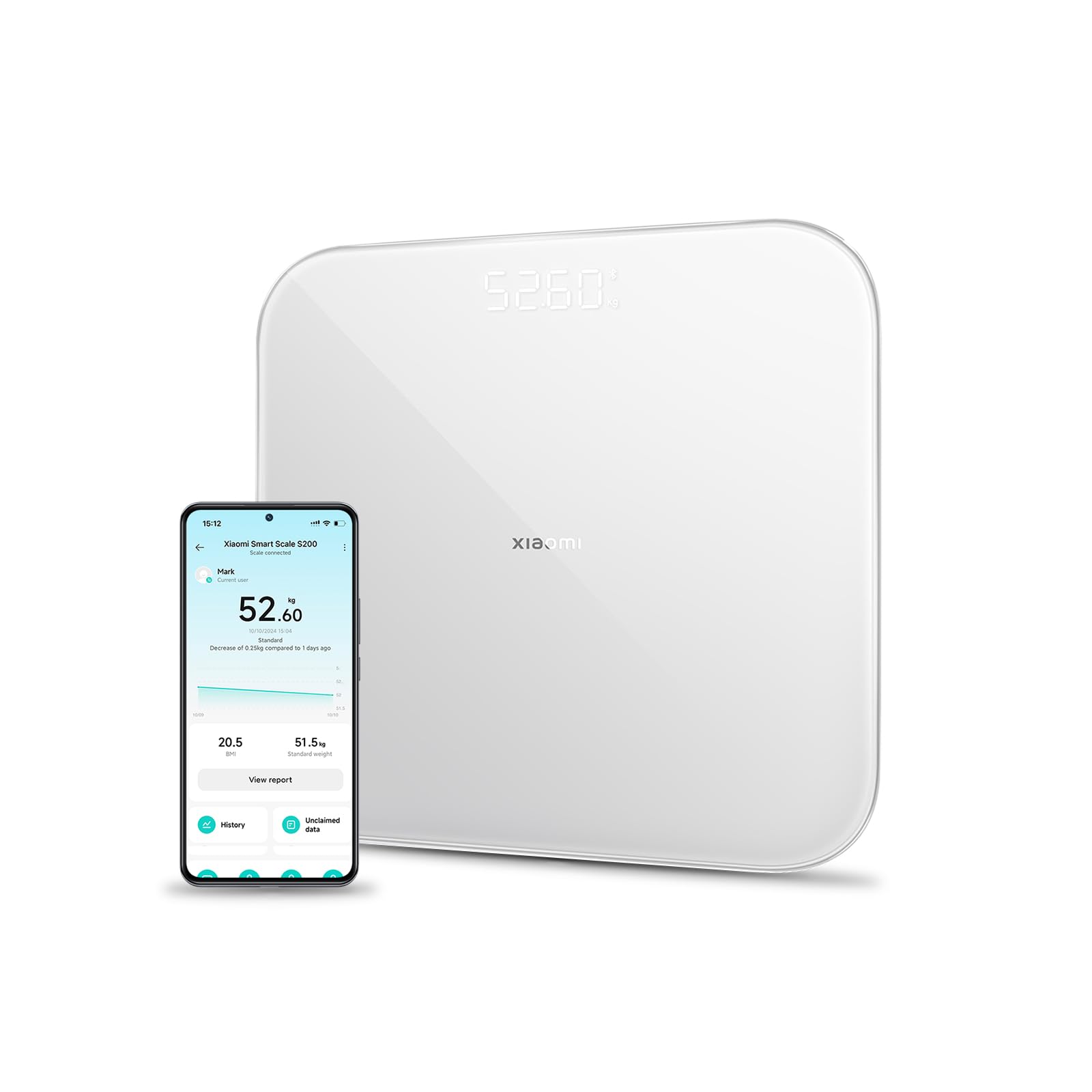 Xiaomi Smart Scale S200, Digital Bathroom Scale with Bluetooth, 150kg Capacity, High-Precision Sensor, White