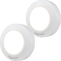Amazon Basics LED Puck Lights 50 Lumens Battery Operated Under Cabinet, Easy Install Adhesive 2-Pack White