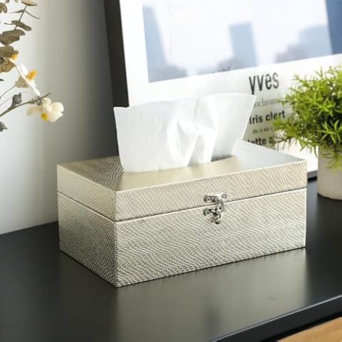 MODE HOME Gold Tissue Box Cover Rectangle, Elegant Faux Leather Tissue Box Holder with Non-Woven Fabric Lining, Durable Tissue Box Cover for Kleenex Box for Bathroom, Living Room, Bedroom Cover