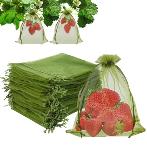 Kikhope 100pcs Fruit Protection Bags 6x9 inch, Fruit Netting Cover Bags with Drawstring Mesh Fruit Protectors Pest Barrier for Mangoes Tomatoes Fruit Trees Veggies Garden, Olive Green -  future sell