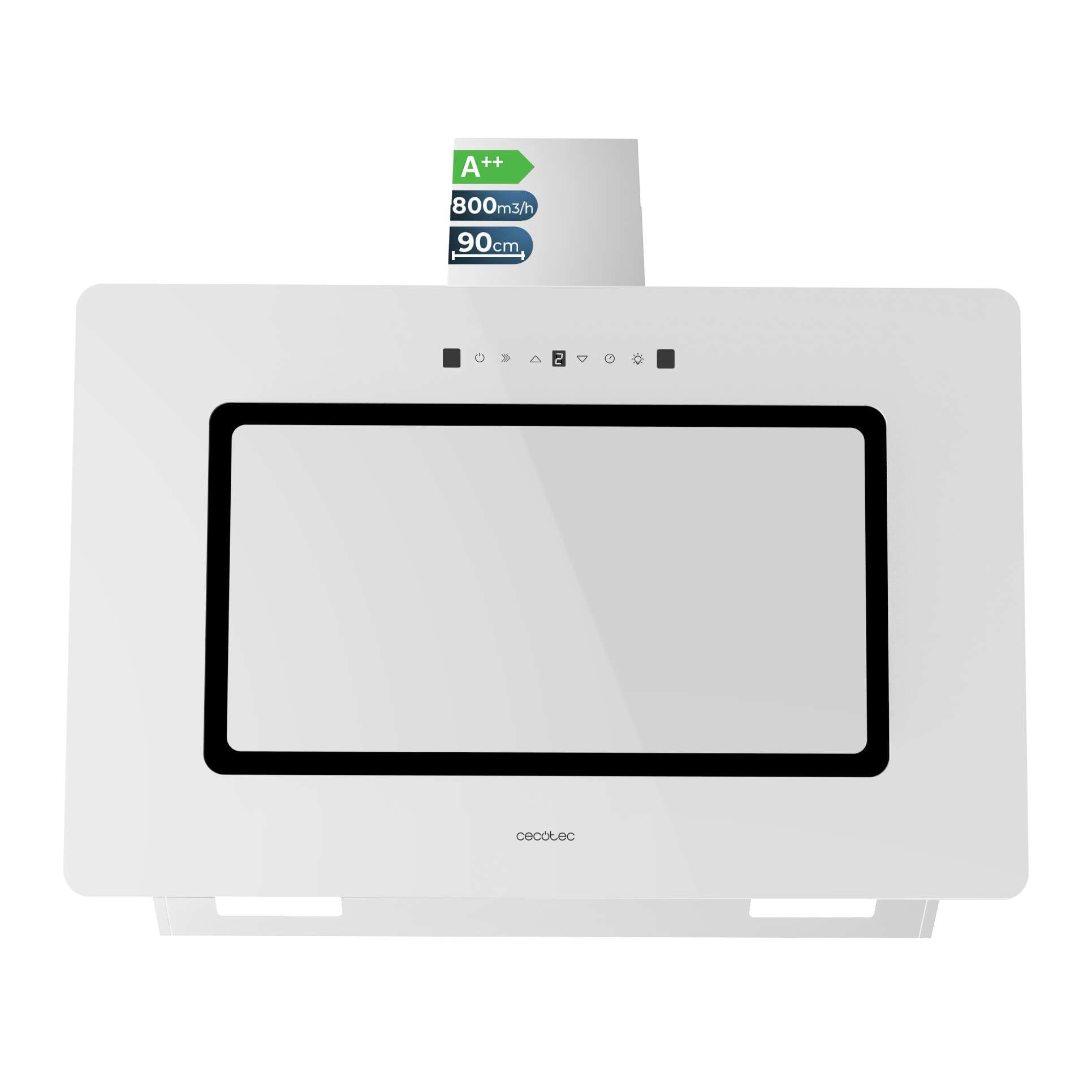 Cecotec Campana Extractora Decorativa 90cm Bolero Flux DT 908002 Glass White A++. Motor 210W, Vidrio Blanco, Inox, Succión 800m3/h, Control Táctil, 3 Niveles, Booster, Filtro Carbono, Hand Movement