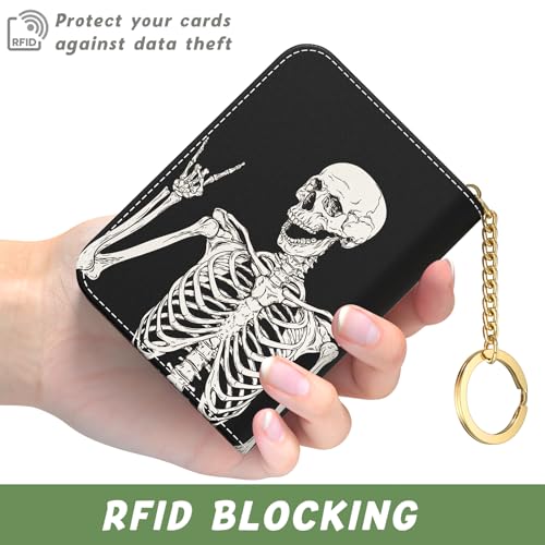 Image of Aiawoxc Credit Card Holder, Small RFID Wallet Slim Leather Card Organizer Case with Zipper and Keychain, Skeleton