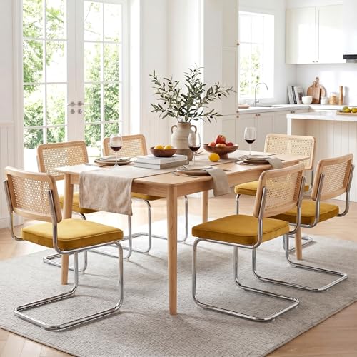 Image of Zesthouse Rattan Dining Chairs Set of 6, Mid Century Modern Dining Room Chairs with Natural Cane Mesh & Chrome Base, Yellow Velvet Cesca Chair, Farmhouse Kitchen Chair with Solid Wood Frame Back