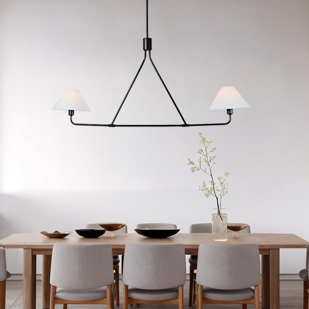 46-Inch Black Modern Linear Chandelier, 2-Light Farmhouse-Style Kitchen Island Light with White Linen Shade; Suitable for Bedrooms, Living Rooms, and Dining Rooms (Bulbs Not Included)