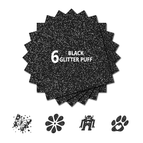 Image of 3D Puff Glitter HTV, 6-Pack 12 inchx10 inch Sheets. Iron-On Vinyl for Fabrics, Compatible with Cricut & Cameo for Easy DIY T-Shirts & Crafts. (Blak Glitter Puff, 12 inch x 10 inch)