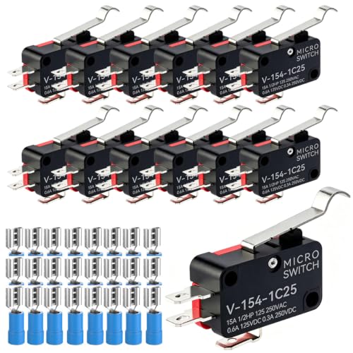 Image of Gebildet 12pcs V-154-1C25 125V/250V 15A Micro Limit Switch Bending Hinge Lever Arm Momentary SPDT Snap Action Switch for Arduino +24pcs Terminals