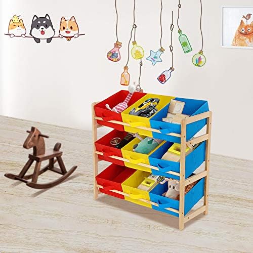 Shoze Childrens Room Storage 3 Tier Kids Toy BoxWooden Toy Storage Shelf Canvas Boxes Drawers Toy Organiser for Home and School