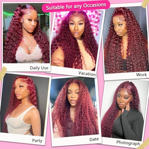 Image of SOEZ 22 Inch 99j Burgundy Lace Front Wigs Human Hair 13x4 Deep Wave Lace Front Wigs Human Hair Wine Red Wet Wavy Curly Wig 180 Density Water Wave Wig HD Full Lace Frontal Glueless Wig for Women
