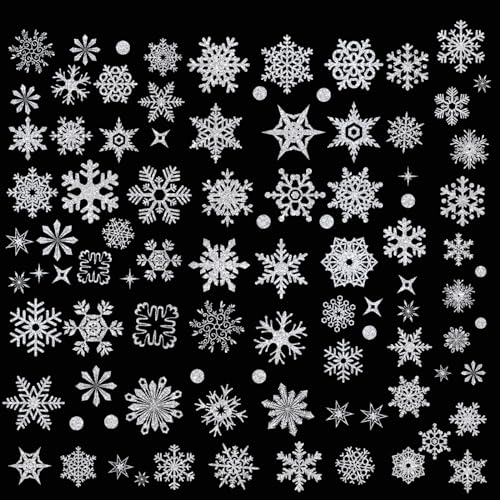 YIHELU Fensterbilder Weihnachten Silber Weiß Große Schneeflocken mit...