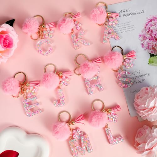JSRQT Porte-clés Rose avec Initiale R pour Femmes Filles, Nom Porte-clés en Résine Lettres Alphabet à Paillettes et Fleurs, Pompons Pendentifs Bijou de Sac Keychain pour Sac à Main et Sac à Dos – vue 2