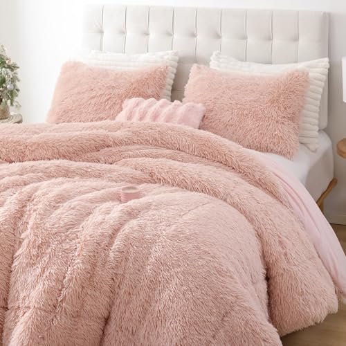 Smoofy Fluffy Twin Comforter Set, Faux Fur Comforter Set Pink, Luxury Fuzzy Twin Bedding Set Pink, Soft Shaggy Bed Set for All Season, 2 Pieces - 1 Comforter & 1 Pillowcase, Blush