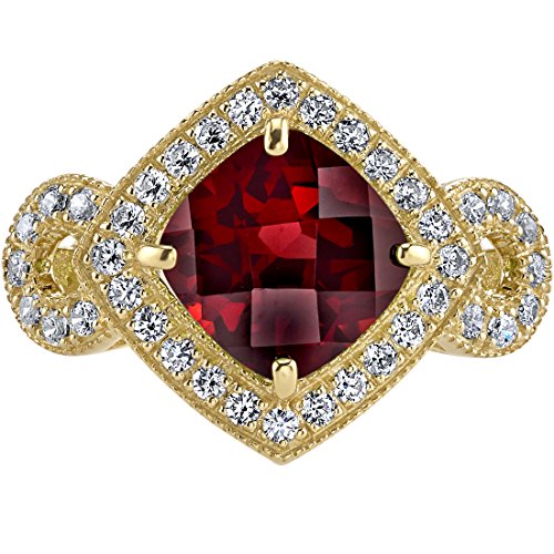 PEORA 14K Yellow Gold Garnet Ring for Women, Genuine Gemstone Birthstone, 2.50 Carats Cushion Cut 8mm, Sizes 5-92