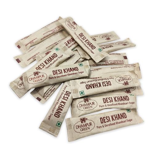 Image of Dhampur Green Desi Khand Sugar Sachets 200 pieces 5g each (1Kg) | Natural Unrefined Khandsari Sugar | Healthy Alternative to White Khand Sugar | Single Serve Sachets for Tea & Coffee | Ideal for Hotels, Cafes & Offices