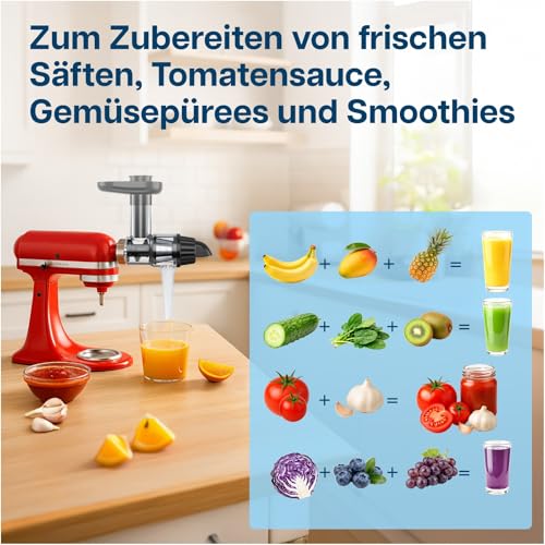 Entsafter Aufsatz für KitchenAid Standmixer von MMOBIEL – Slow Juicer Kaltentsafter & Frucht- und Gemüsesiebe – Inklusive Lebensmittelstopfer & Reinigungsbürste