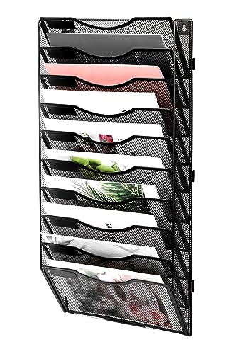 EasyPAG Mesh Wall File Holder 10 Pocket Assembly Office Hanging File Folder Organizer Magazine Rack Mail Sorter Bin | Nametag Label Included, Black