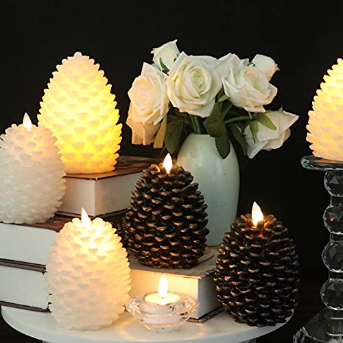 Image of Wondise Pine Cone Flickering Flameless Candles with Remote and Timer, Battery Operated LED Real Wax Flameless Candles, for Christmas Decoration, Set of 2(Ivory)