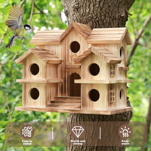 SELENAIRE Large Bird House with 10 Holes - Handcrafted Wooden Martin House for Outdoor, Ideal for Purple Martins, Bluebirds, Finches, Cardinals, Sparrows, Chickadees - Thumbnail 3