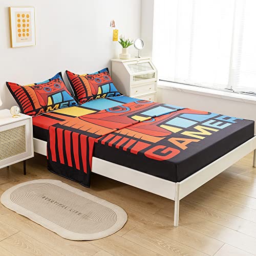 Adasmile A & S Gamer Bedding Set Full Size For Boys Kids Gamer Sheets Video Game Sheets Red Gamepad Fitted Sheet For Kids Video Game Controller Bed Set With 2 Pillowcases Soft Microfiber Home Decor #TOP1