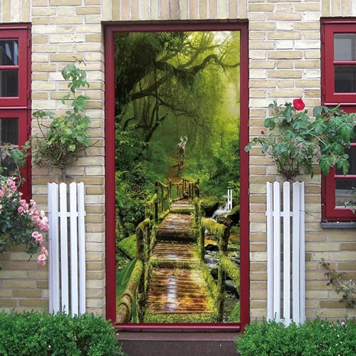 Arte De La Puerta 3D Puente De Madera De Alce De Planta Verde Adhesivo Autoadhesivo Para Puerta, Póster Para Puerta, Papel Tapiz Para Puerta, Mural Para Puerta, Pegatina De Pared Para Puerta -8P5L1G3R