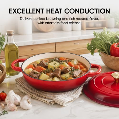 Image of Dutch Oven Enameled Cast Iron with Lid - Big Dual Handles - Oven Safe up to 500F - Classic Round Pot for Versatile Cooking 3 QT Shallow Pot Red