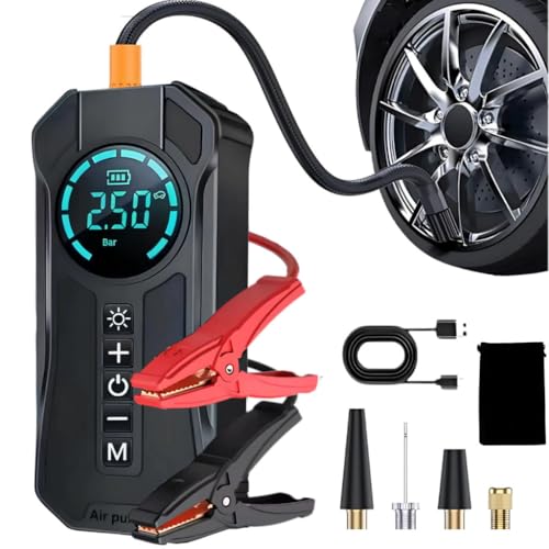 Compressor de Ar Portátil Multifuncional 4 em 1, Bomba Elétrica Automotiva com Display Digital, PowerBank 8000mAh, 1000A, para Pneu Carro Moto Bicicleta Bola