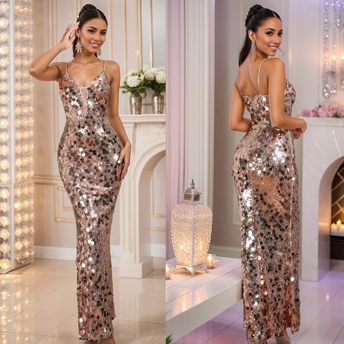 Image of Jigfar Women's Sexy Elegant Sparkly Sequins Spaghetti Straps V Neck Bodycon Maxi Dress(FK3393,Gold,3XL)