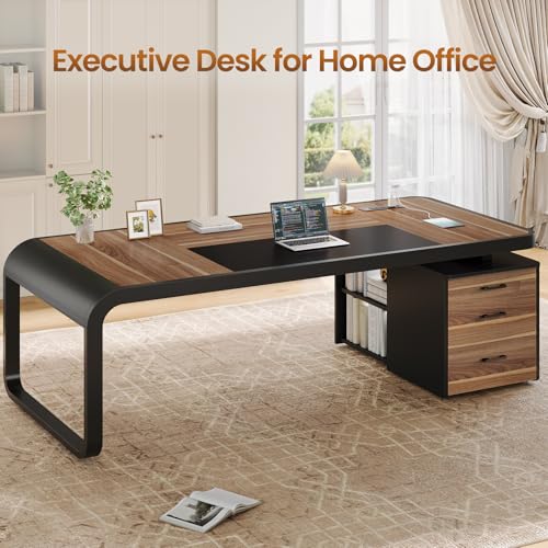 Image of Itaar 70.9 inch Executive Desk, Large Computer Desk with Drawers and Lateral File Cabinet, Office Desk with Removable Shelves, Business Furniture Desk Workstation for Home Office, Walnut