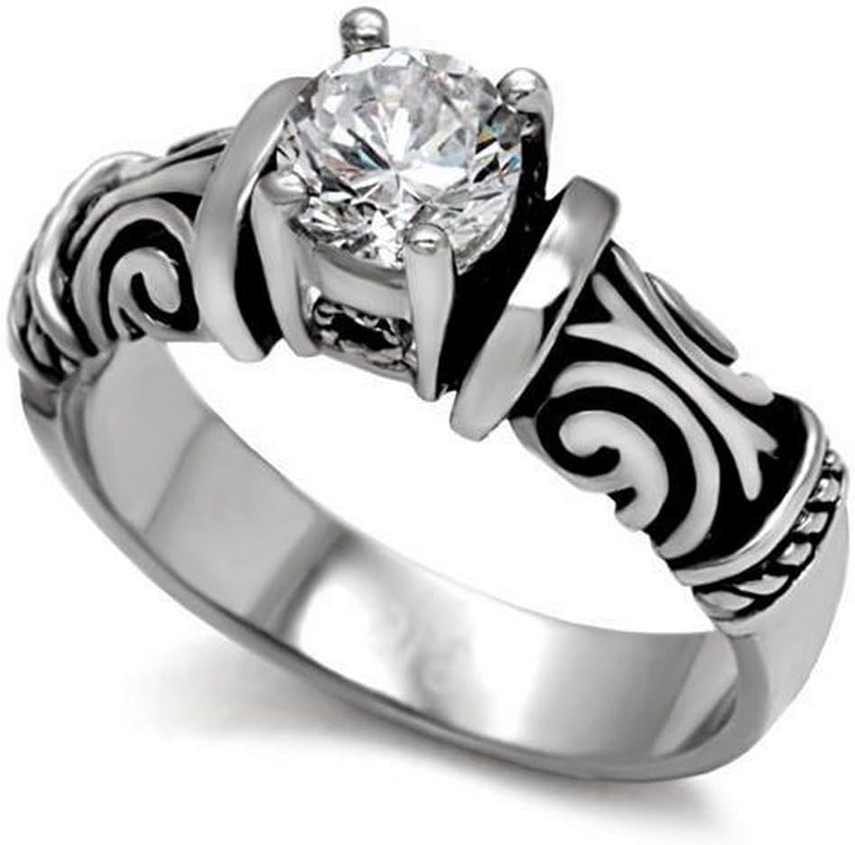 Tribal Celtic Design Round Solitaire 1.5 Carat Cubic Zirconia CZ Engagement Ring, Hypoallergenic Antiqued Silver 316L Stainless Steel Band