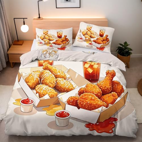 Fast Food Duvet Cover Sets Queen 90x90 Inches Fried Chicken Coke Reversible Bed Set for Girls Boys KidsDelicious Desserts Comforter Cover Soft Microfiber Bedding with Zipper Closure & 2 Pillow Shams