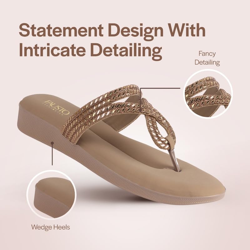 Image of FAUSTO Women T-Strap Slip On Ethnic Sandals with Rhinestone Strap | Wedge Ortho Slip-On Slippers | Perfect for Wedding, Festive Outfits