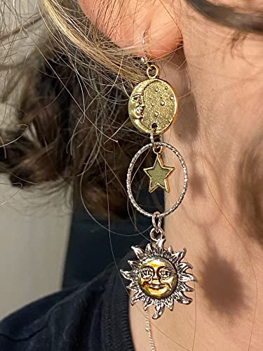 Vintage Sun Moon Star Dangle Earrings for Women, Greek Mythology Asymmetric Drop Earrings (Gold)2